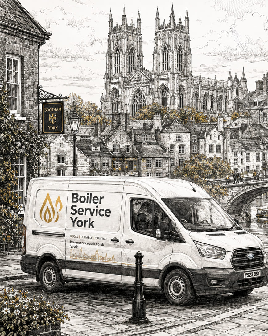 A Boiler Service York van in a recognisable York street scene.