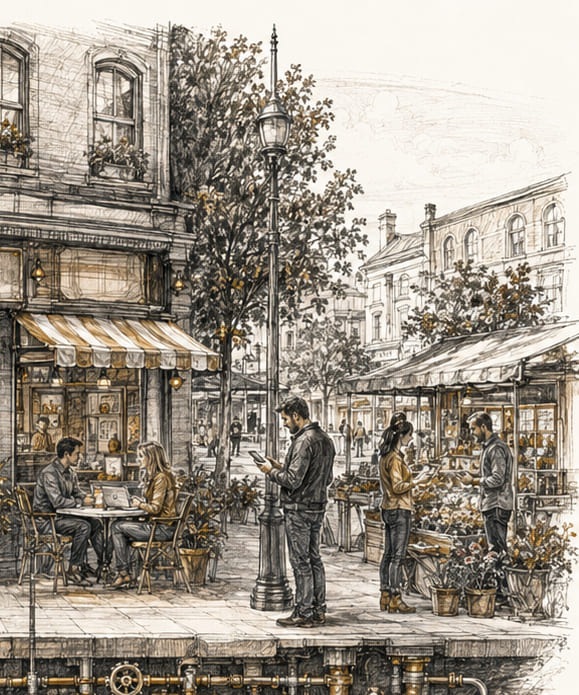 Customers and business owners using a connected local business world.